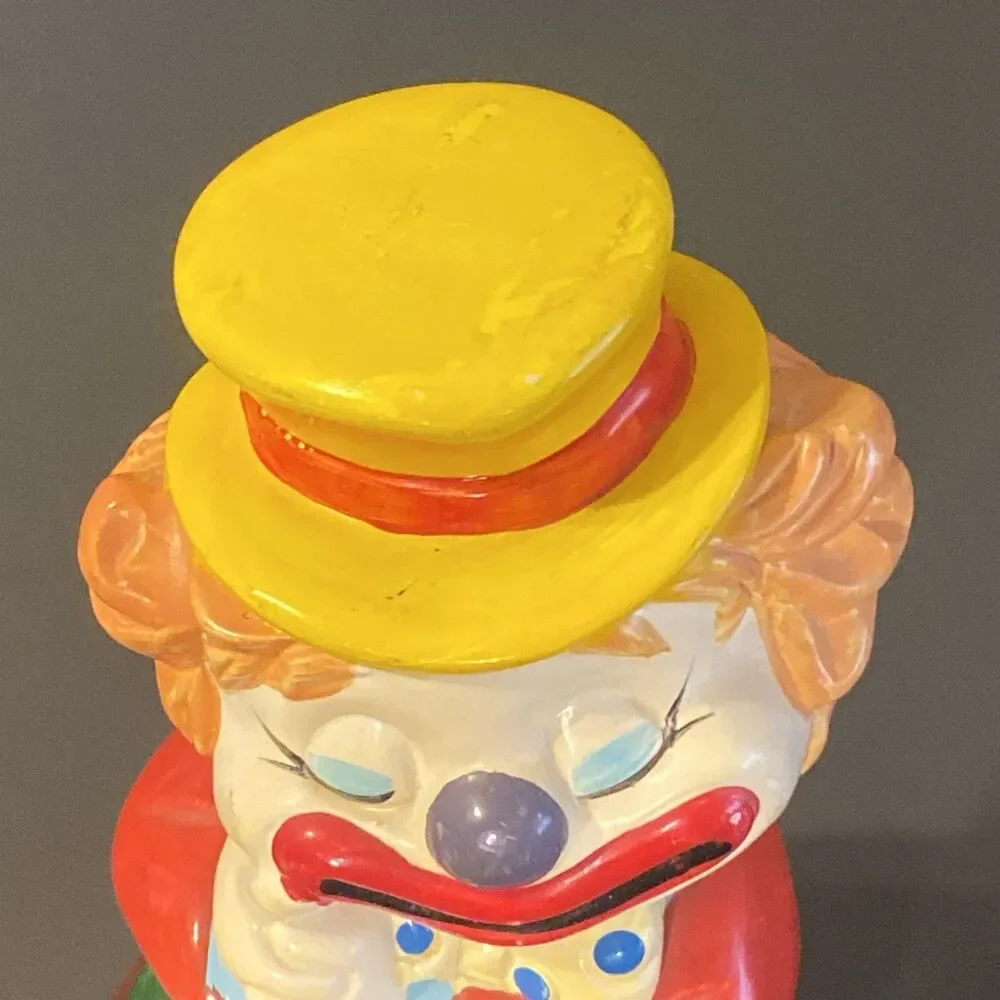 Vintage Clown Plastic Coin Piggy Bank Made in Taiwan 7” Tall Colorful Smiling